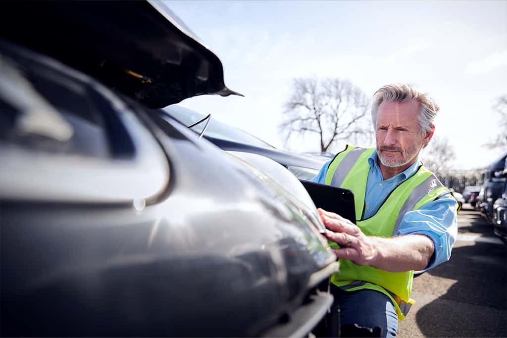 Insurance adjuster reviewing damaged vehicle